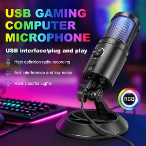 USB-C compatible USB condenser microphone with fast mute, RGB lighting and volume control (gain button)--for live broadcasting, podcasting, recording, online courses, video conferencing--USB Type-C microphone for his gift