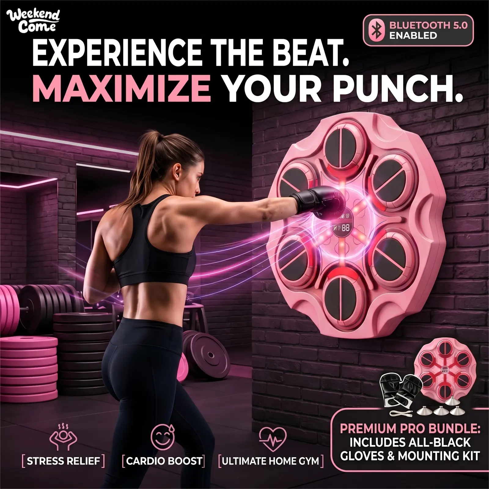 WEEKEND COME Upgraded Smart Music Punching Bag - Wall-mounted With No Drilling Required, Electronic Punching Pad, Boxing Gloves, Height-adjustable, Bluetooth Music, Smart Count Function. Ideal For Home And Gym Use, And The Perfect Birthday.