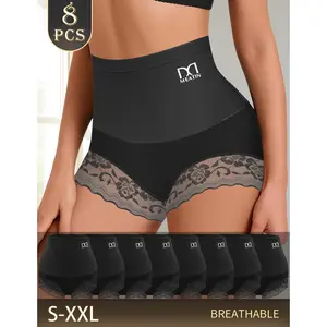 QUASTI 8 Pack High Waist Lace Women's Panties, Full Coverage Hip Lifting Breathable Smooth Panties, Soft Stretch Briefs Womenswear for Postpartum,  Anti Roll Edge Shaping Support Daily Wear, S-XXL