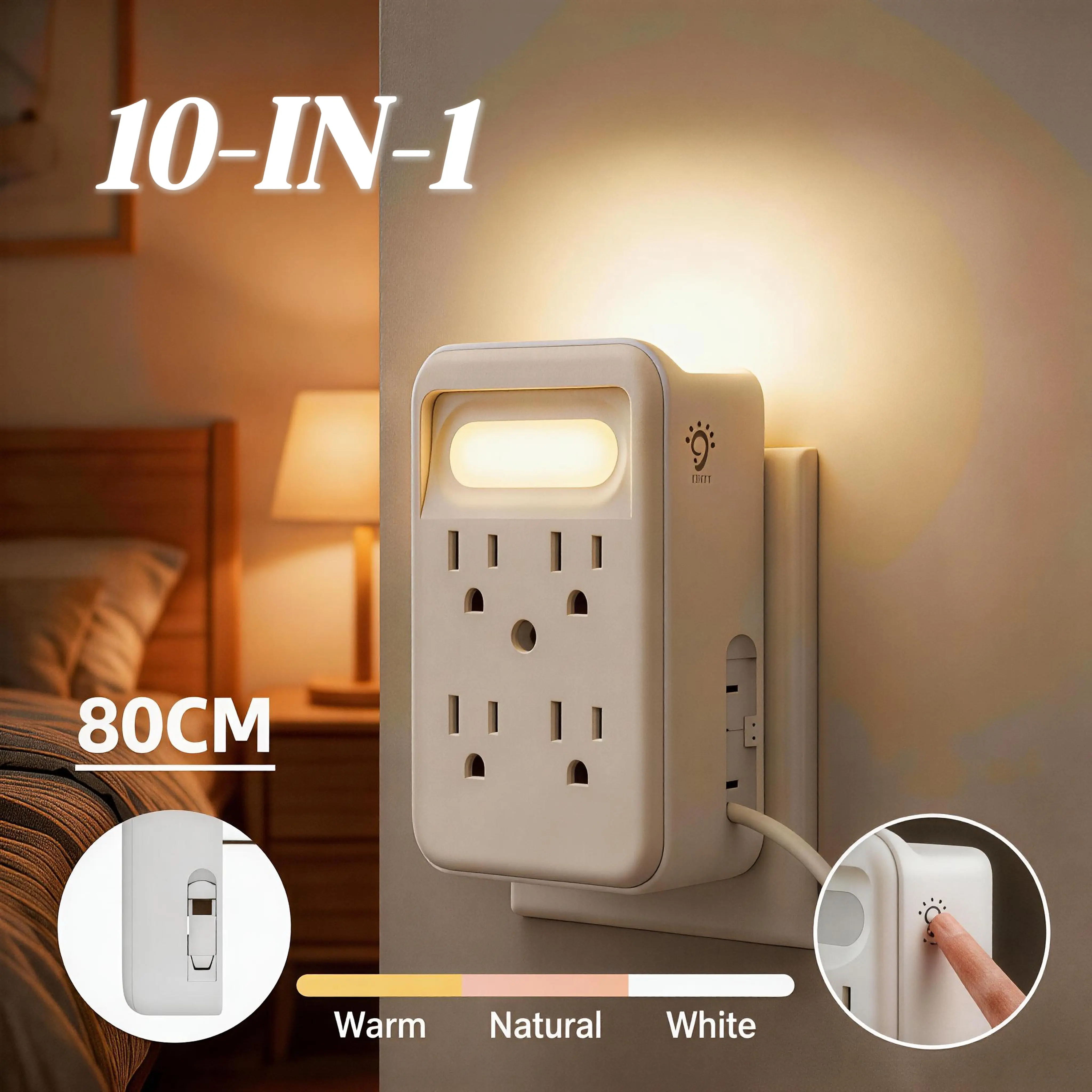 MUDIE 10-in-1 Wall Outlet Extender with Built-in Retractable Type-C Charging Cable, Phone Stand, and Night Light Function; Features 6 AC Outlets, 2 USB-A Ports, and 1 USB-C Port—Ideal for Home and Office Environments.