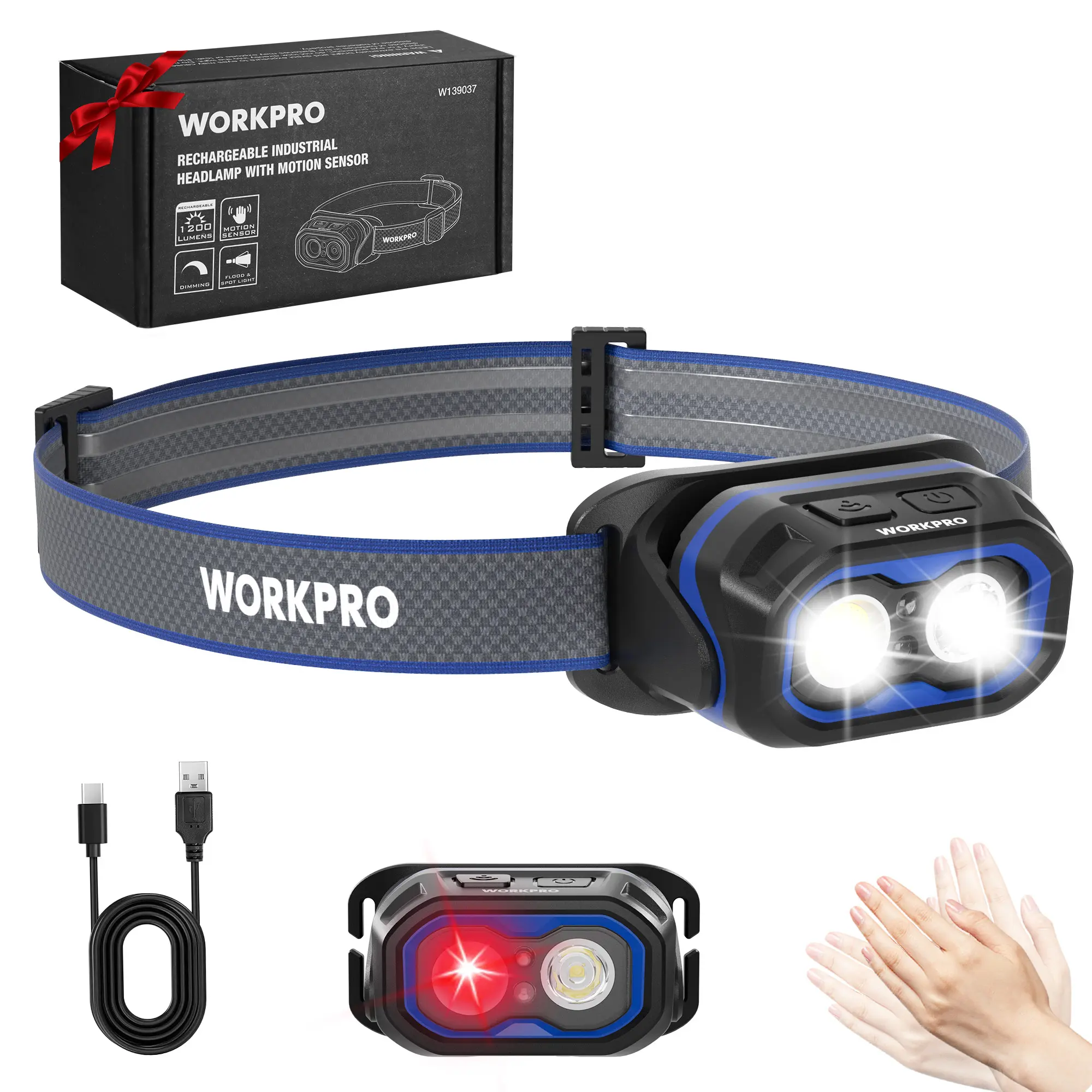 #summersale WORKPRO 1200LM Rechargeable Headlamp, Super Bright Head Lamp with White Red Light, Motion Sensor, Memory Function, Shockproof & IPX6 Waterproof Headlight with Dimmable for Camping, Hunting, Repair