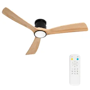 Flush Mount Ceiling Fan with Light,Low Profile Ceiling Fan,Natural Wooden Fan Blades,6 Speed,LED Dimmable,DC Motor,52 inch,Natural Wood Blade