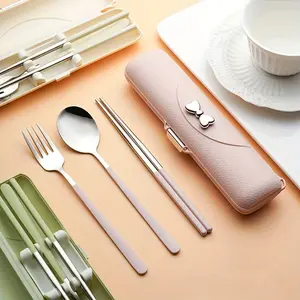 3Pcs Butterfly Bow Portable Cutlery Set - Stainless Steel Cutlery with Plastic Handle Includes Spoon, Fork, Chopsticks and Storage Box - Beautiful Travel Cutlery Set