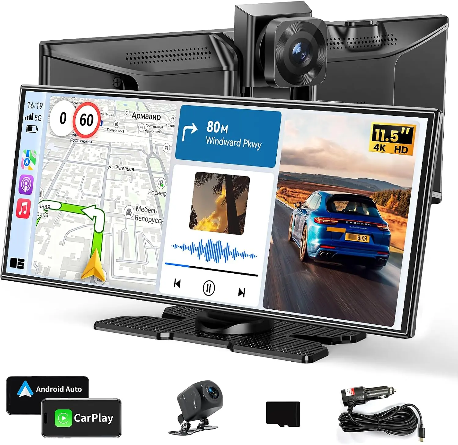 11.5" Wireless Carplay Screen for Car, Portable Apple Carplay & Android Auto 4K Dash Cam, 1080p Backup Camera, Smart Mirror Link, GPS Navigation, Bluetooth Stereo, Dashboard Mount for Vehicles