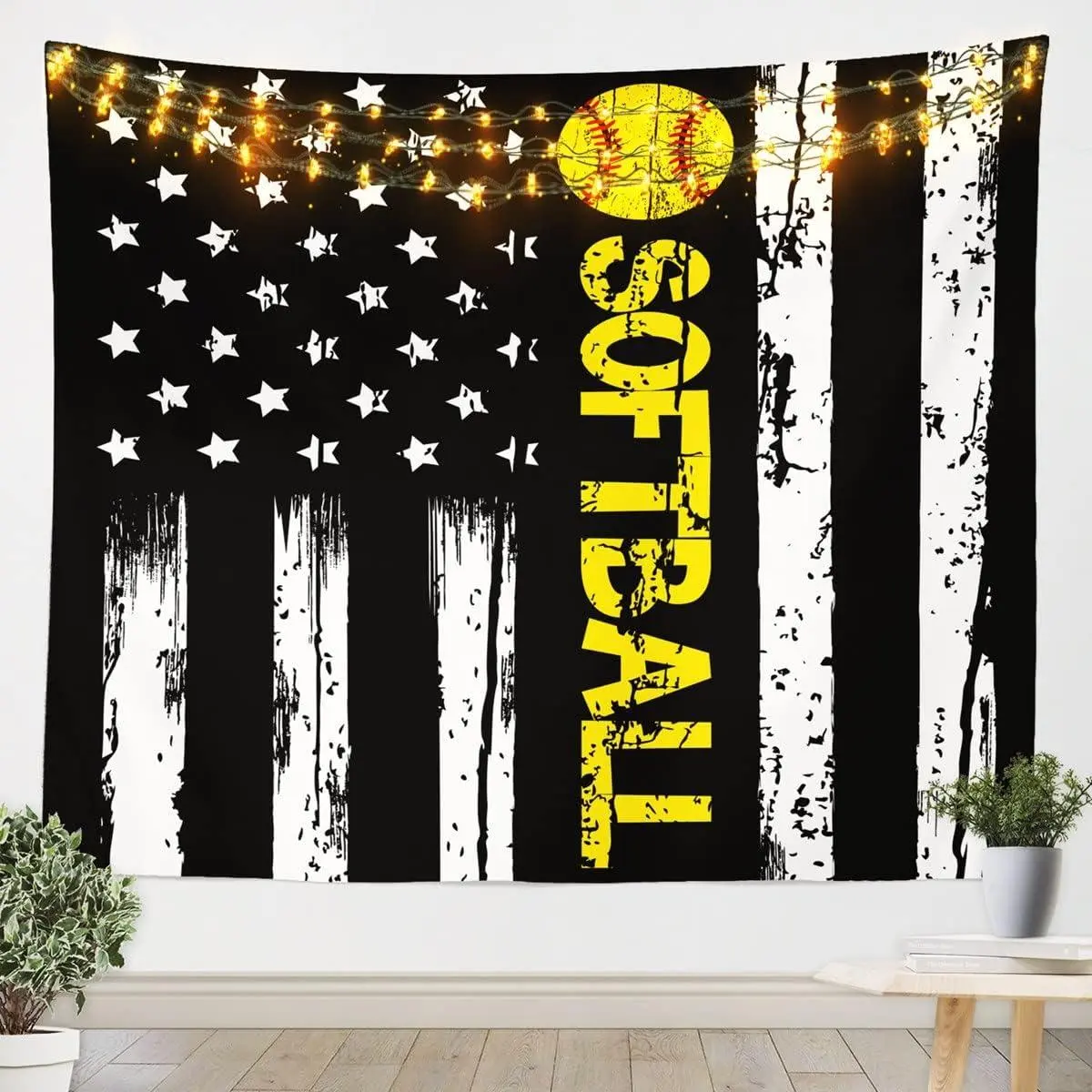 American Flag US Flag Tapestries,Baseball Softball Tapestry Medium,White Black Striped Stars Wall Decor,Retro Style Sports Ball Game Wall Hangings Men Home Bedroom Décoration