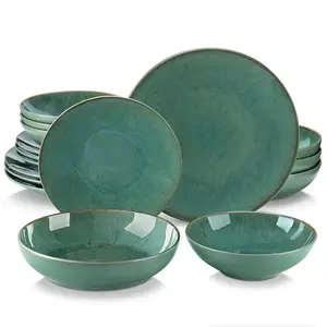 vancasso Karst 16-Piece Dinnerware Set - Round Plates and Bowls Set, Porcelain Dishes Set for 4 in Green & Grey