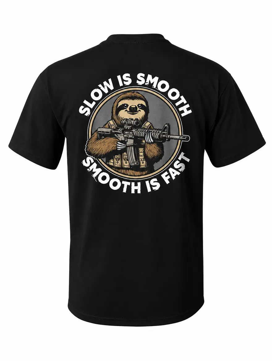 Slow Is Smooth Smooth Is Fast Sloth Tactical T-Shirt for Men Funny Military Graphic Tee Operator Shirt Tactical Humor Apparel Gun Lover Gift Idea Training Mindset Shirt Baggy Cotton