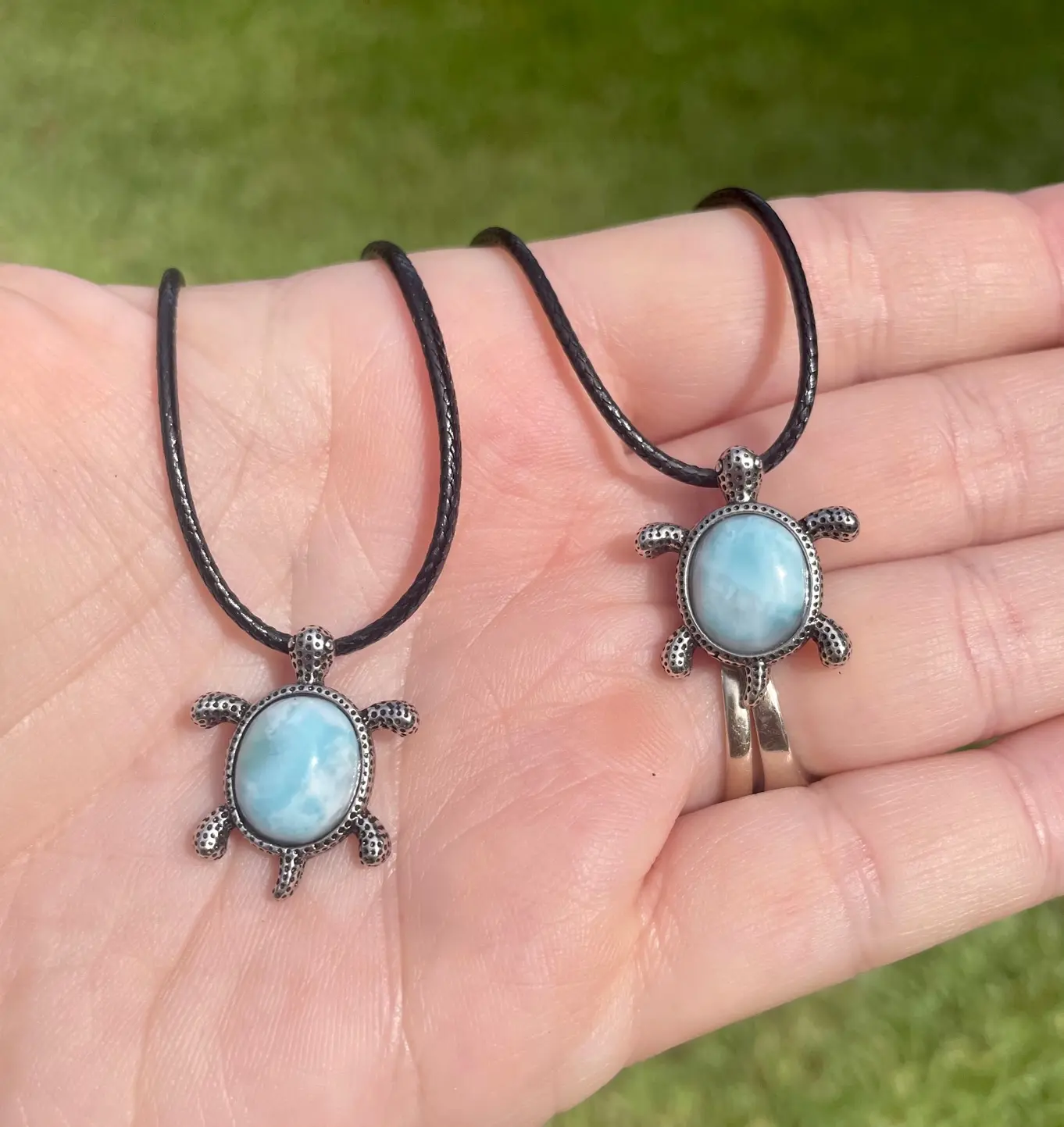 Larimar Silvertone Sea Turtle Necklace Pendant