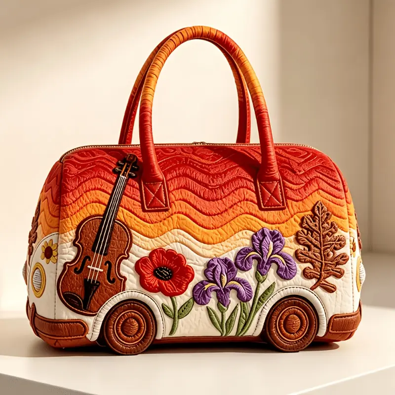 New Novelty Tote Bag, Valentine's Day Gift, Handheld Quilted Travel Bag, Multi-functional Sports and Fitness Bag for Short Trips, Guitar Bus Series Travel Bag, Fashionable Printed Women's Yoga Bag Handbag, Suitable for Outings, Travel