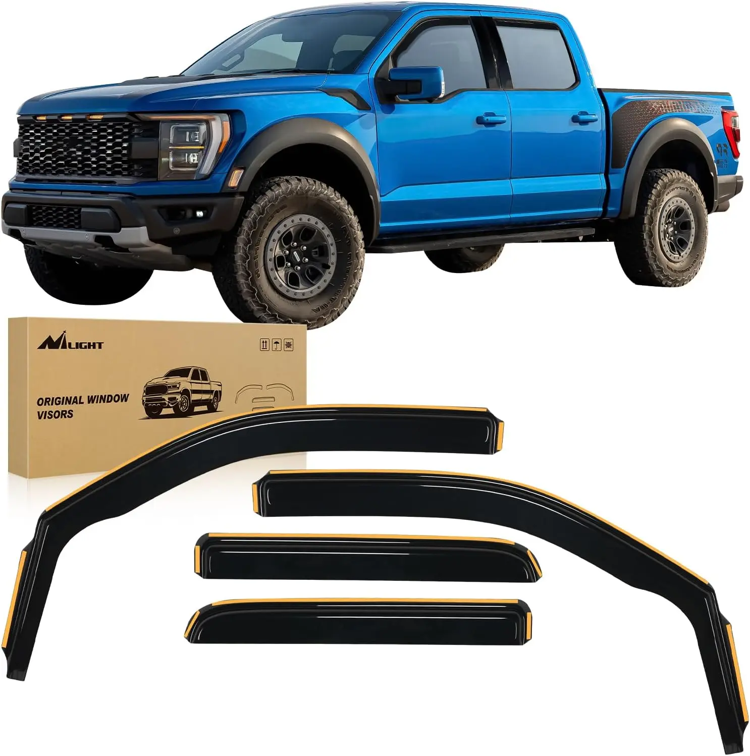 Nilight Shatterproof Acrylic Rain Vent Anti-Glare Window Visors - 4pcs Auto Accessories, Chrome Trim Car Exterior for Ford F150 SuperCrew/SVT Raptor SuperCrew 2009-2014 Vehicles, Precise Fit, Tool-Free, Reduces Interior Wind Noise, Truck, Anti Glare Visor
