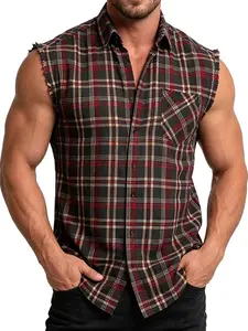 Men's Colorful Sleeveless Plaid Collared Shirt, Unique Frayed Hem Sleeves, Summer Casual Shirt, Biker Tough Style, Trendy Fashion Top