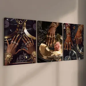 3-count wooden frame canvas, black and gold retro DJ poster, high-end atmosphere decoration for fashionable girls' rooms, suitable for corridor, living room, office and home wall decoration, ideal gift, Wooden Wall Art, Modern Home Decoration
