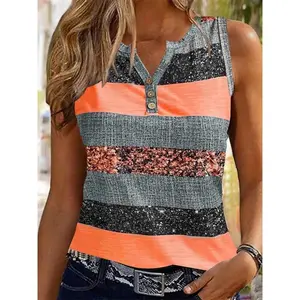 Women’s color-blocked striped print stand-up collar sleeveless knit buttoned vest, summer casual, women’s everyday wear GARMENTARY