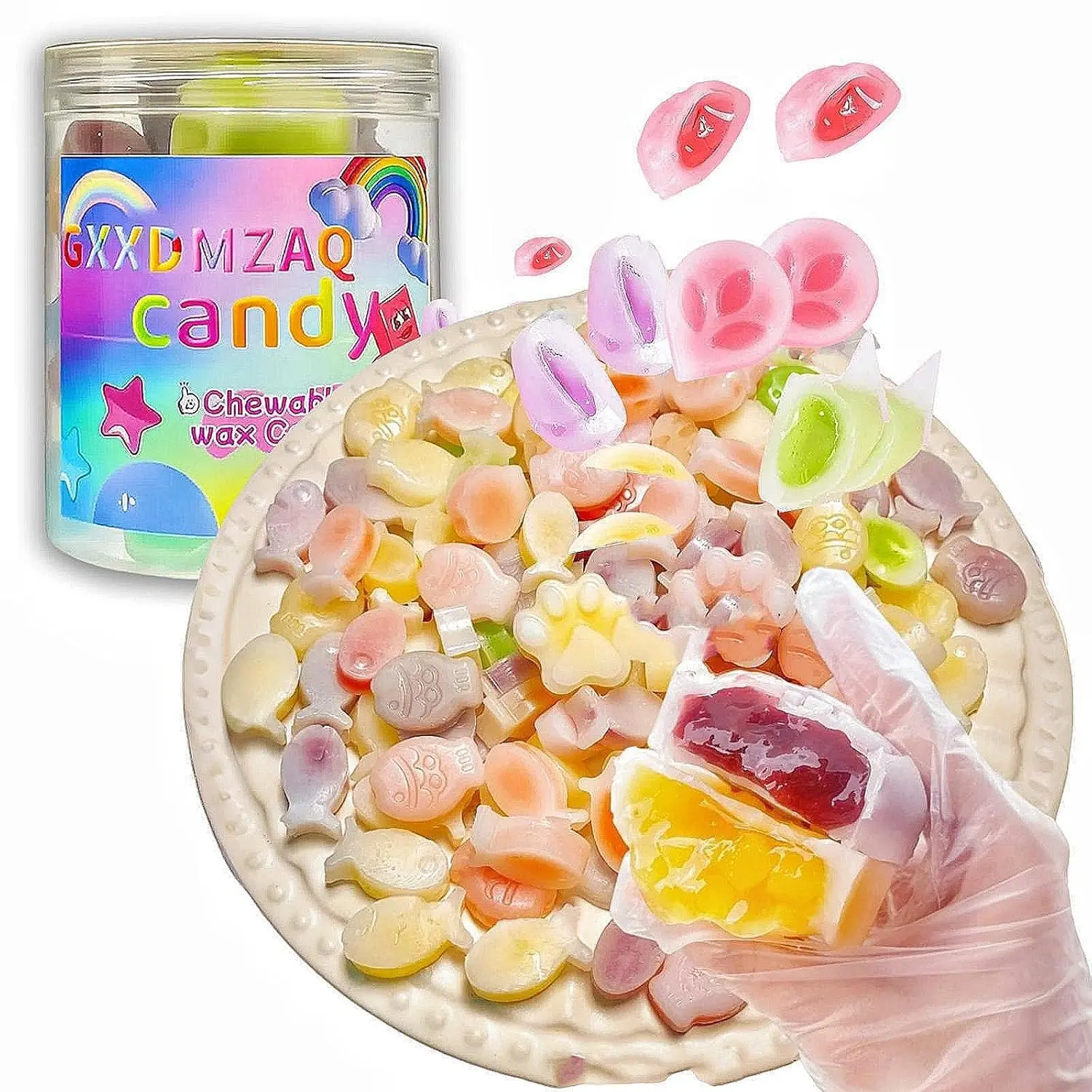 Multi-Shape Chewable Wax Candy Drops with Syrup Center 7.05oz Assorted Fruit Flavors Resealable Jar Colorful Novelty Candy 10+ Pieces