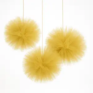 Gold Tulle Fluffy Pom Pom Decorations - 3 Pack