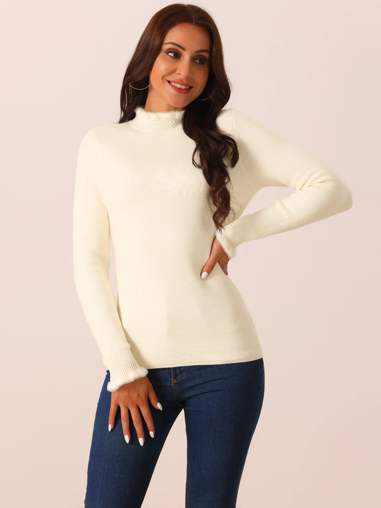 INSPIRE CHIC Fall Winter Fluffy Lined Sweater Mock Neck Fluffy Cuff Long Sleeve Ribbed Knit Slim Fit Casual Top