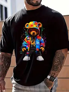 Colorful Graffiti Hip-Hop Teddy Bear Graphic T-Shirt, Streetwear Sneaker Bear Print Tee, Oversized Crew Neck Shirt, Urban Casual Short Sleeve Top, Trendy Pop Art Aesthetic Cotton Tee for Cartoon Bear Fans, Streetwear Lovers and Hypebeast Enthusiasts