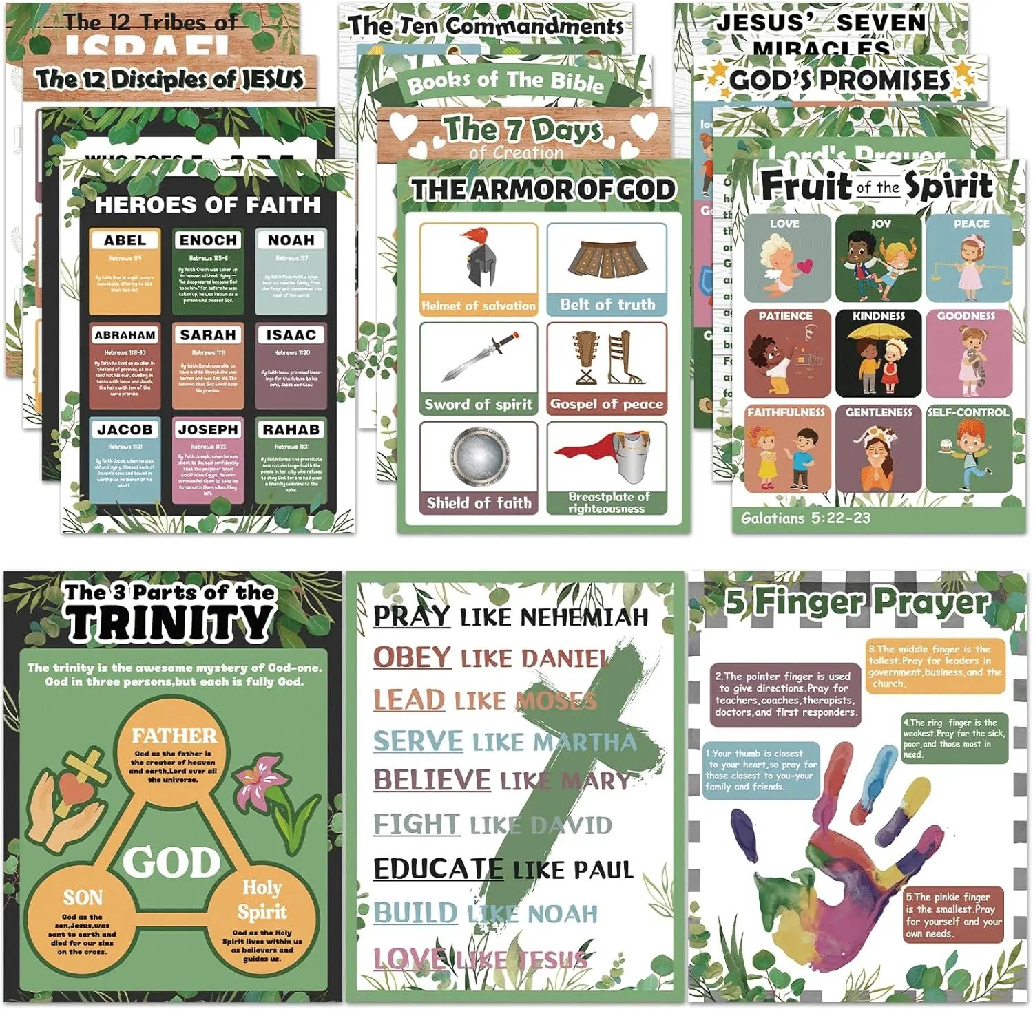 15Pcs Bible Posters for Classroom Sunday School Wall Decor Greenery Christian Books of The Bible Verse Eucalyptus Ten Commandments Poster Set Religious Scripture VBS Bulletin Board Decor(14 x 11in)