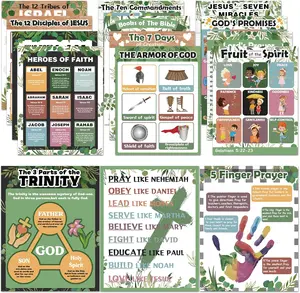 15Pcs Bible Posters for Classroom Sunday School Wall Decor Greenery Christian Books of The Bible Verse Eucalyptus Ten Commandments Poster Set Religious Scripture VBS Bulletin Board Decor(14 x 11in)