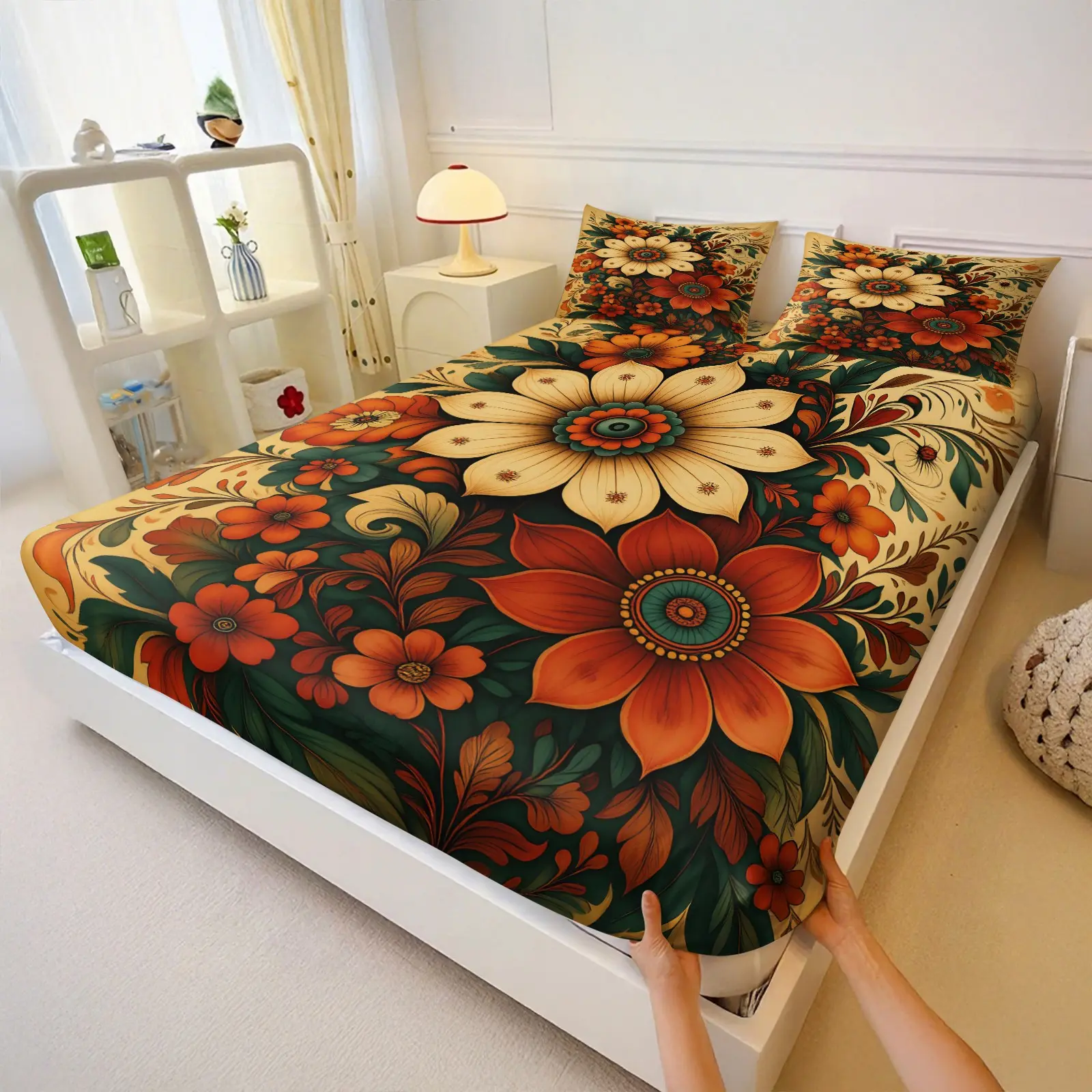3Pcs Vintage Boho Floral Bed Sheets Fitted Sheet Set No Fillers, Retro Rustic Botanical Flower Bed Sheet Set, Aesthetic Bohemian Decorative Bedding Set with Pillowcases, Deep Pocket for Women Adults, For Bedroom Living Room Home Decor