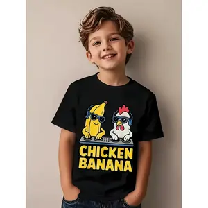A Unisex [Printed Design – Not Textured] Fun Chicken and Banana Pattern T-shirt - Short-sleeved Casual Tee with Cartoon Chicken and Banana Print, Round Neck Regular Fit, Suitable for All Seasons, Easy-care Fabric, Ideal for Boys and Girls' Daily Play