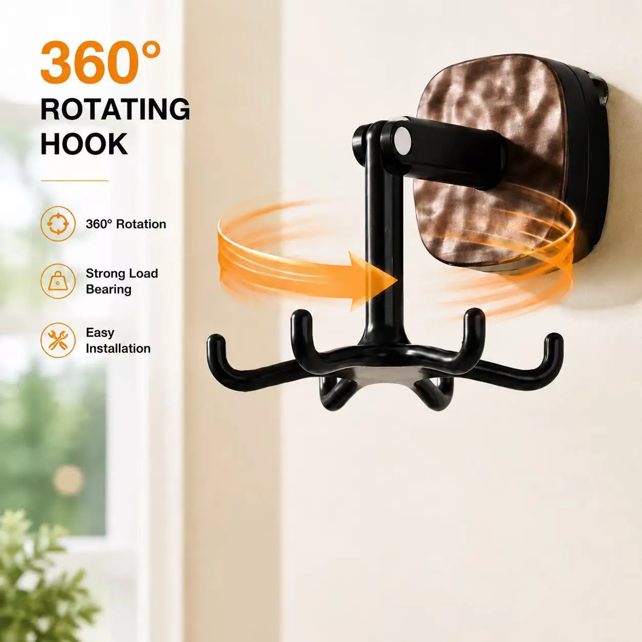 6-Claw Vacuum Hook Organiser, 360° Rotation Smooth Home Organizer, No-Drilling Installation Kitchen Storage, Wall-Mounted Foldable Hook for Bathroom, Office