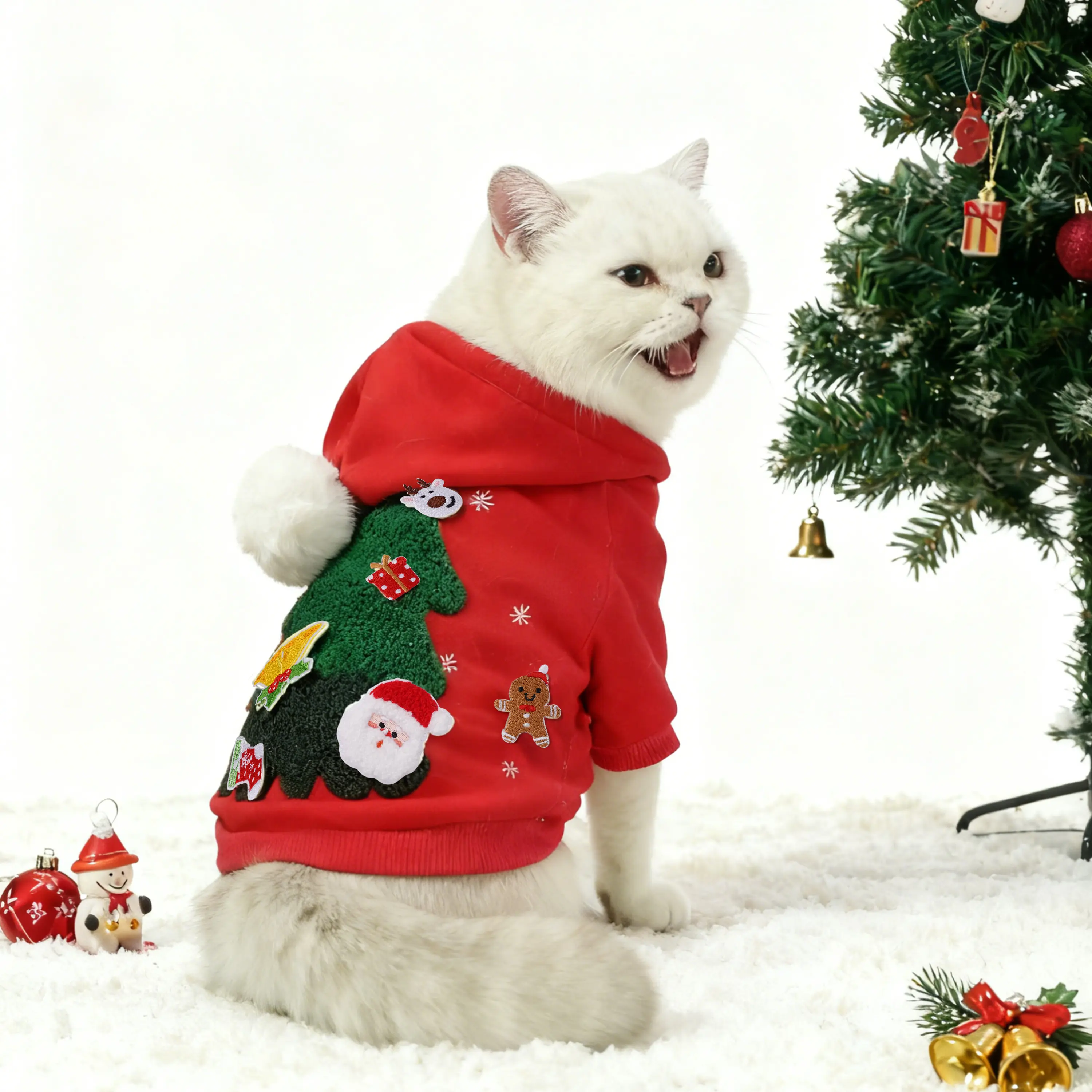 Stylish 1-Piece Polyester Christmas Pet Hoodie - Santa Design, Warm Apparel for Small-Medium Dogs & Cats, Embroidery Graphic, Hook-Loop Fastener, Holiday Cheer Outdoor Winter Outfit, DIY Festive Decor Feature, Clothing, Warmth