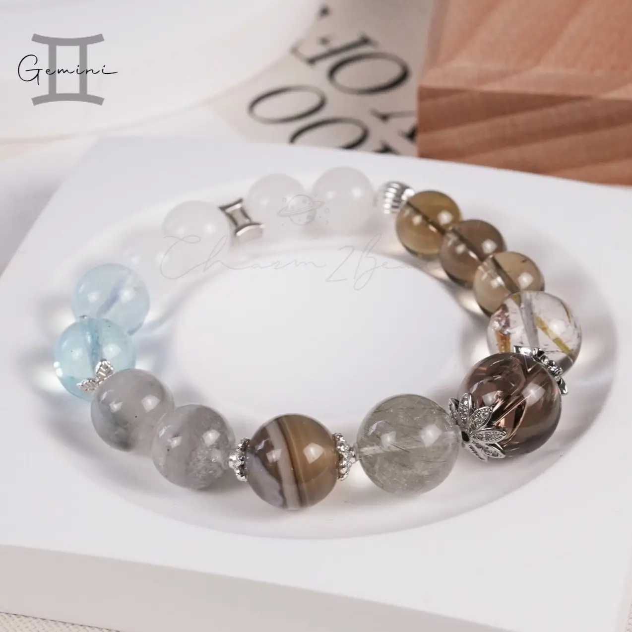 Gemini Horoscope Lucky Guardian Crystal Natural Gemstone Bracelet Handmade Original Design on Elastic Band