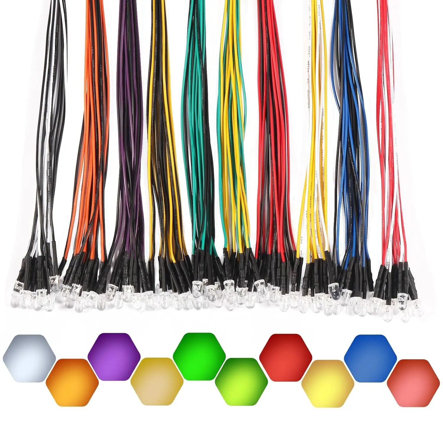 100Pcs (10 Colors × 10Pcs) 5MM Pre Wired 12V LED Diodes, Clear Transparent Lens, Bright LED Indicators with 20CM Color-Matched Wires, Plastic Case for DIY Lighting, Circuit Experiments, Hobby Projects