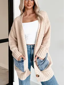 Khaki Open Front Knitted Denim Pocket Patchwork Cardigan
