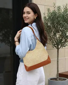 Herald Straw Woven Hobo Shoulder Bag for Women, Slouchy Medium Summer Beach Raffia Shoulder Handbag Tote Purse