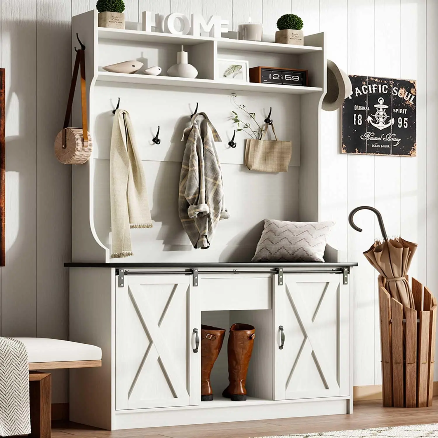 [Summerwins] HOMBCK Farmhouse Hall Tree with HOMBCK Bench 5-in-1 Entryway Bench with Coat Rack with Sliding Barn Doors Entryway Coat Rack with Shoe Storage White