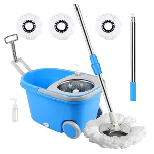 Mop and Bucket with Wringer Set for Home，360° Spin Mop and Bucket on Wheels and 3 Microfiber Mop Refills, Stainless Steel 61" Extended Handle Spinning Mop Bucket System for Floor Cleaning