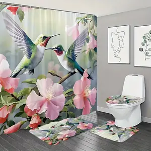 Hummingbird & Flower Pattern Shower Curtain Set, 4 Counts/set Including Shower Curtain & Toilet Lid Cover & Rectangular Mat & U-shaped Mat, Bathroom Decor Supplies