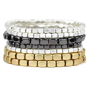 Stacking Statement Stretch Bracelet Set of 7 (Tri Tone-Silver/Gold/Hematite) Luxury Jewelry