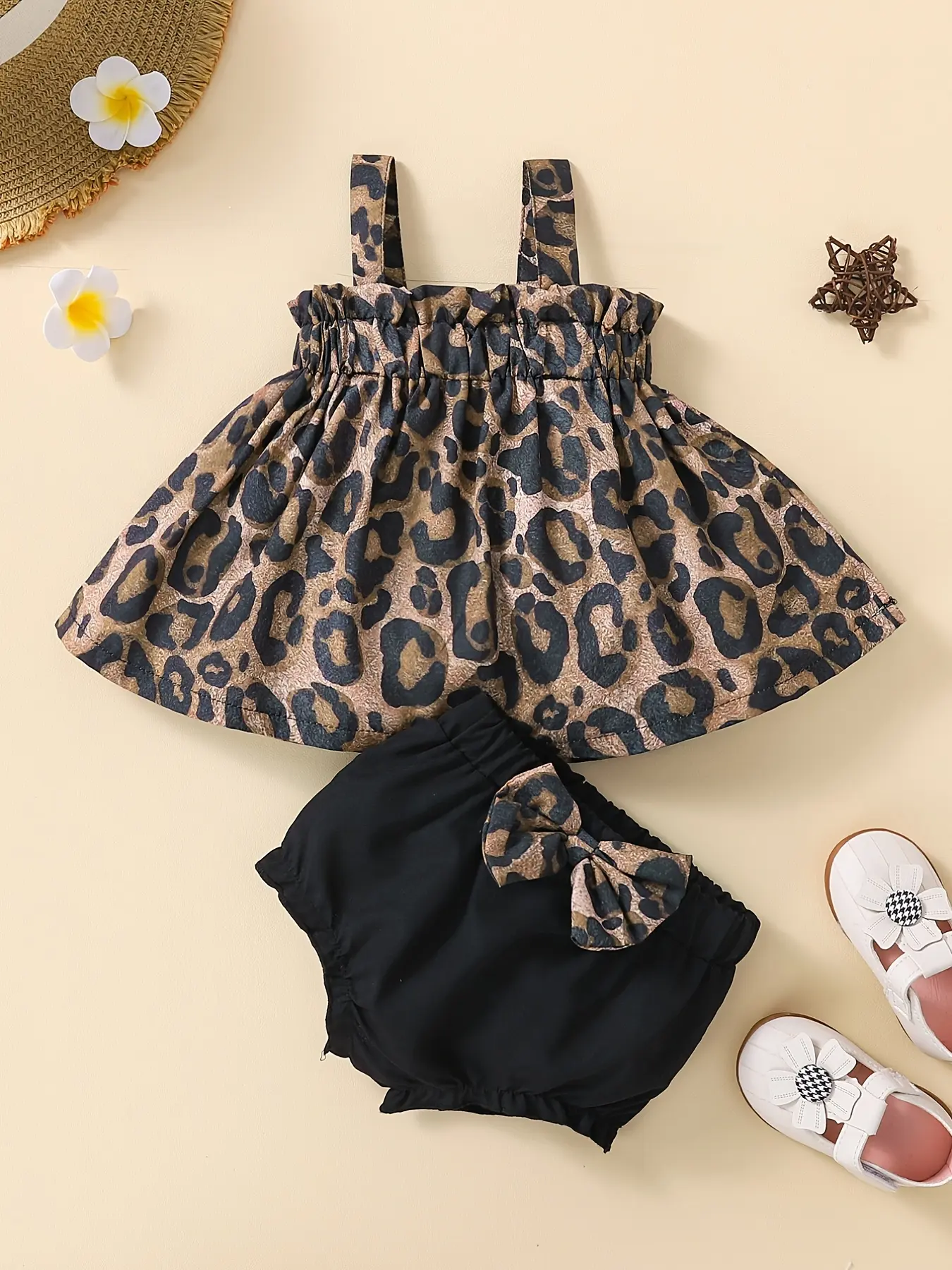Spring Summer Baby Girl Outfit Set, Leopard Print Sleeveless Top & Black Bow Pants, Cute Slim-Fitting Outfit, Above the Knee Length Clothes, Clothing