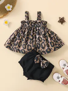 Spring Summer Baby Girl Set, Baby Clothing Summer Gift Set, Leopard Print Sleeveless Top + Bow Pants, Cute Slim-Fitting Two-Piece, Above the Knee Length