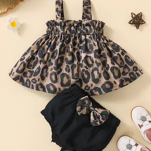 Spring Summer Baby Girl Set, Leopard Print Sleeveless Top + Bow Pants, Cute Slim-Fitting Two-Piece, Above the Knee Length
