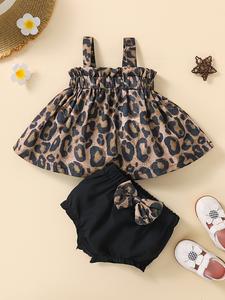 Baby Girl Leopard Print Halter Top + Bow Shorts Two-Piece Set, Casual Fitted Sleeveless, Above the Knee Style