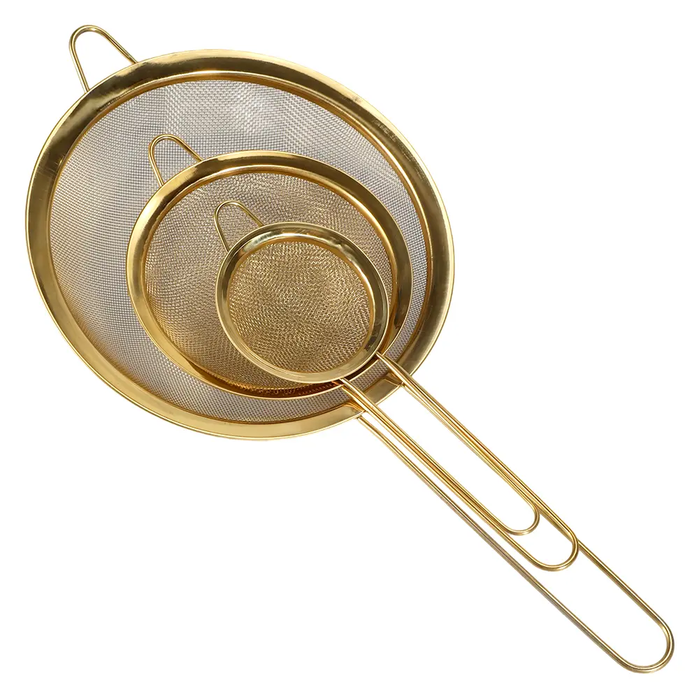 3-Piece Gold 304 Stainless Steel Fine Mesh Strainer Set - Small, Medium, Large Kitchen Sifters with Handles, Rust-Resistant for Flour, Tea