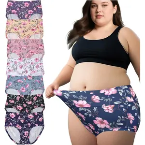 Womens Underwear Plus Size Panties XL-5XL 7 Pack Ladies Briefs Mid High Waist Floral Print Underwear for Woman Undies