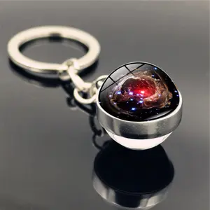 Alloy Double-Sided Glass Ball Keychain with Solar System Galaxy Nebula, Moon Earth Mars Pendant - Fashion Keychain Accessory