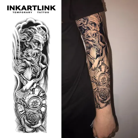 INKARTLINK Elegant Semi-Permanent Fake Tattoo Sleeve Stickers - 2 Sheets Body Art Stickers, Adults' Hyper Realistic All Over Print Tattoos, 1-2 Weeks Long Lasting, Waterproof, No Adhesive Reflection, All Skin Types, Ideal for Swimming, Party