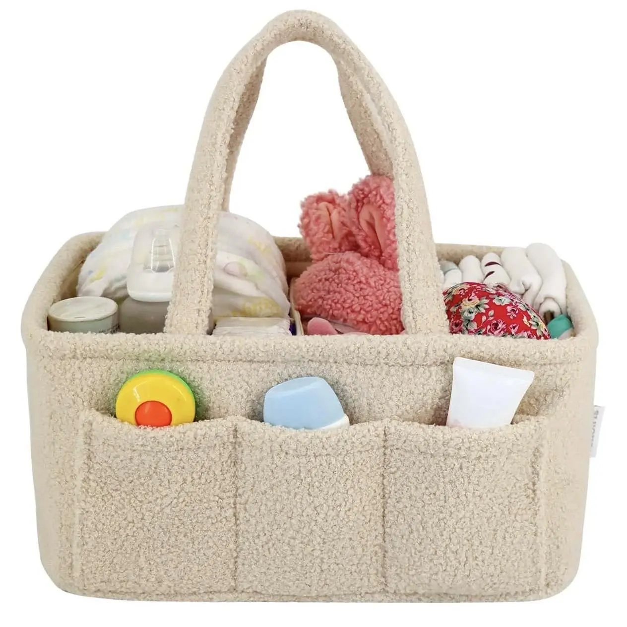 Baby Diaper Caddy Organizer & Cart – Soft Beige Sherpa Diaper Caddy Basket with 3 Removable Compartments & 6 Side Pockets – Nursery Storage Essentials & Car Organizer for Diapers, Wipes & Baby Bag Supplies