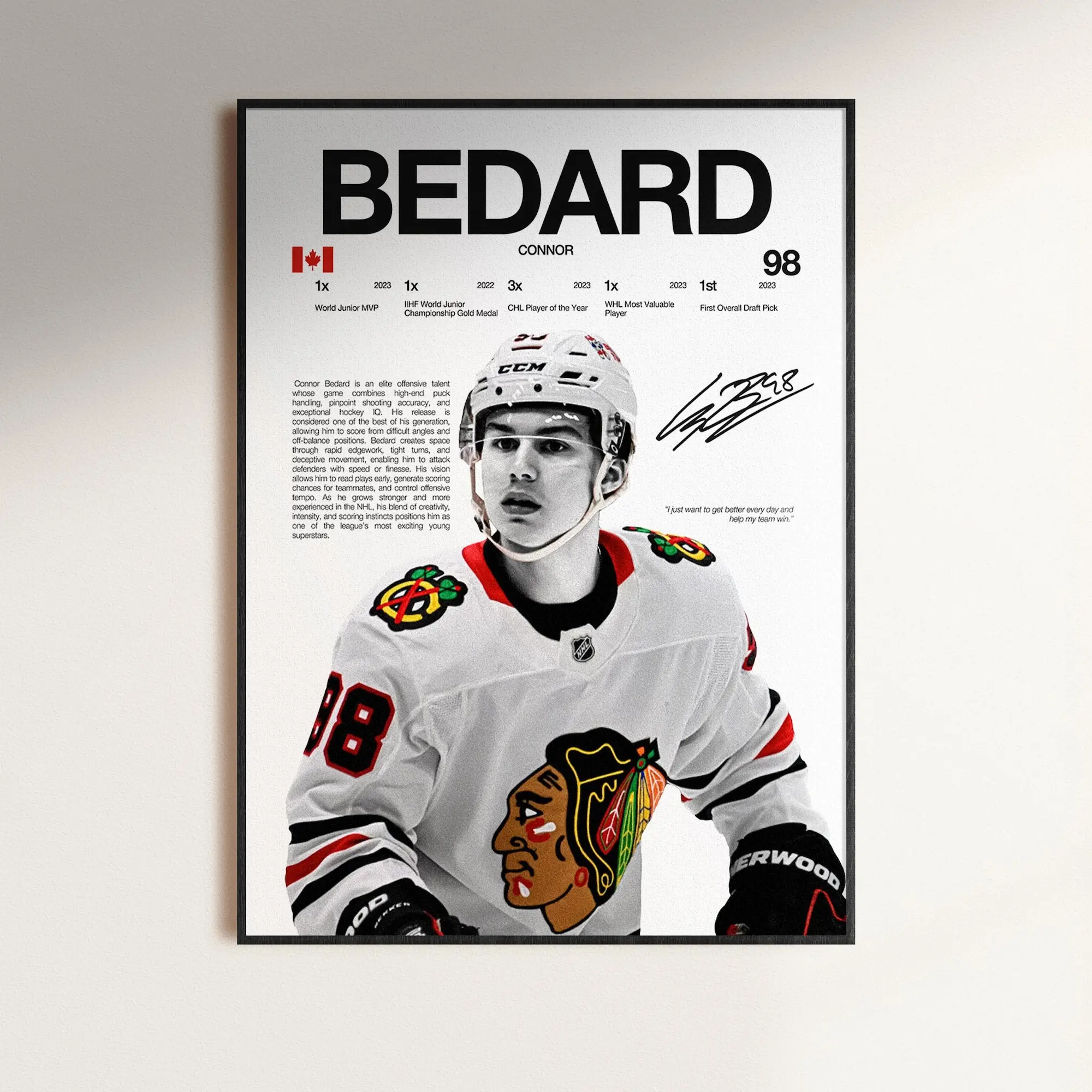 Connor Bedard Poster, Chicago Blackhawks Wall Print, NHL Hockey Print, Digital , Hockey Fan Gift, Sports Decor, Hockey Room Print, Poster Gift - Unframed
