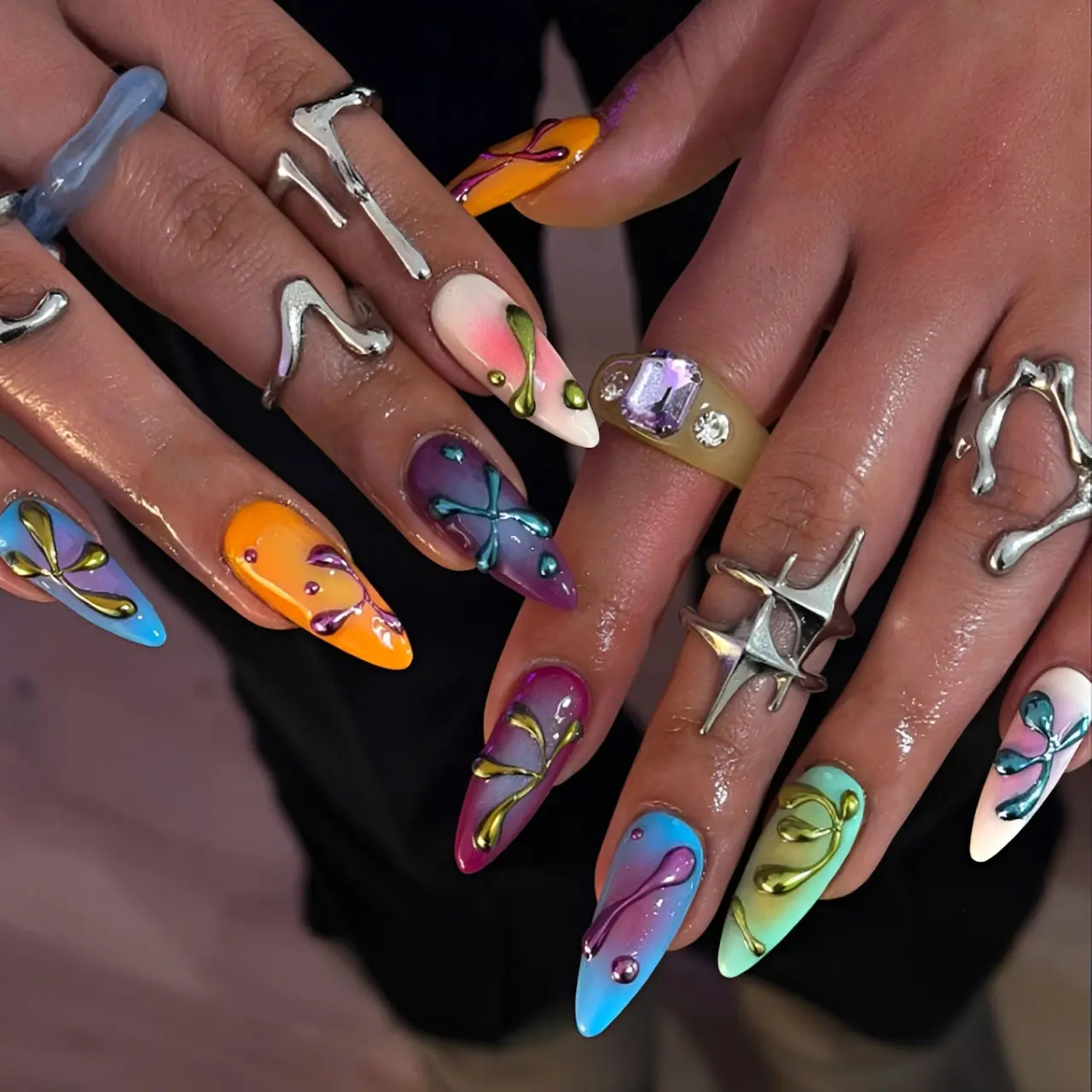 Cyber Aura Butterfly Press On Nails – Neon Gradient Y2K Nails – Chrome Abstract Handmade False Nails