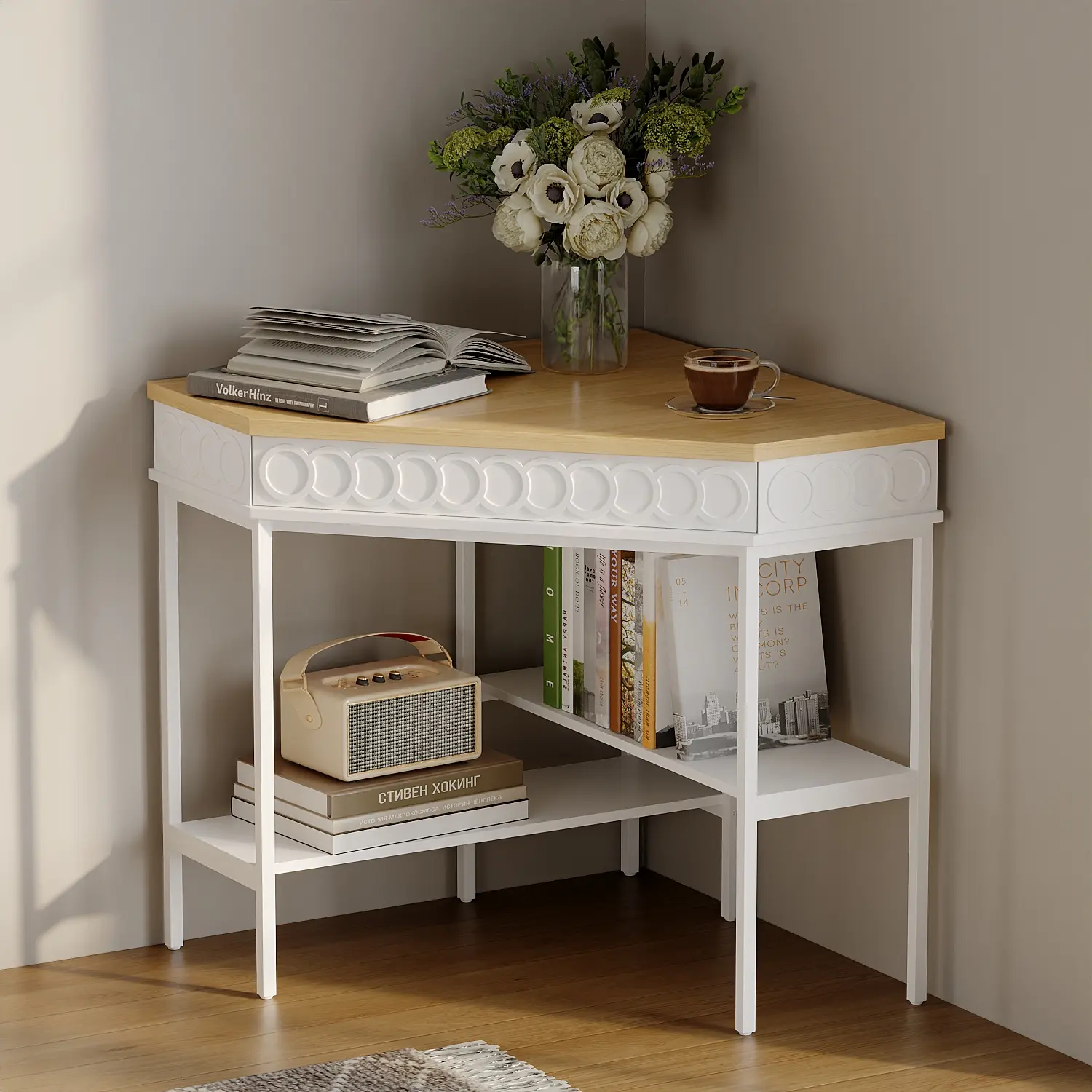 FUFU&GAGA Modern Corner Home Office Desk - White Triangle Desk with Rotating Storage Drawer, Open Shelves for Small Spaces