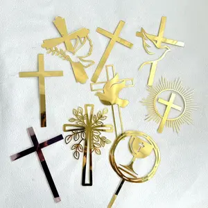 Easter Bunny Cake Topper Acrylic Gold Plate Holy Cross Communion Baby Shower Easter Egg Happy Party Cupcake Decoration