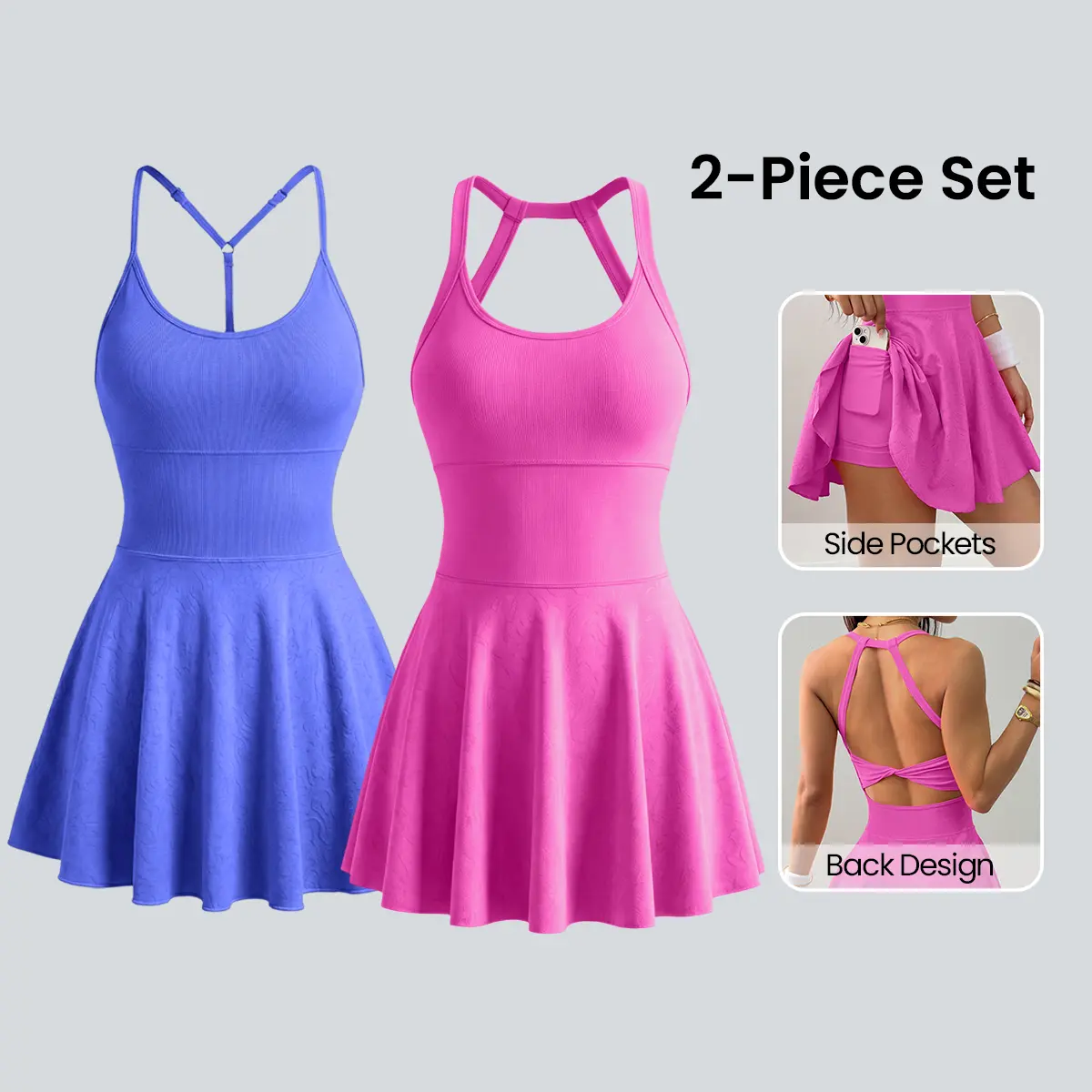 TCVC Women's Athletic Dress 2-Piece Set with Pockets Summer Tennis Dress Backless Breathable Fashion Built-in Anti-Slip Shorts for Fitness Running Beach Vacation