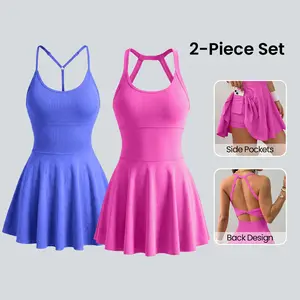 TCVC Women's Athletic Dress 2-Piece Set with Pockets Summer Tennis Dress Backless Breathable Fashion Built-in Anti-Slip Shorts for Fitness Running Beach Vacation